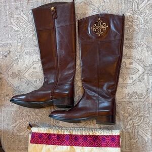 Tory Burch Dark Brown Leather Knee-High Riding Boots with Gold Logo